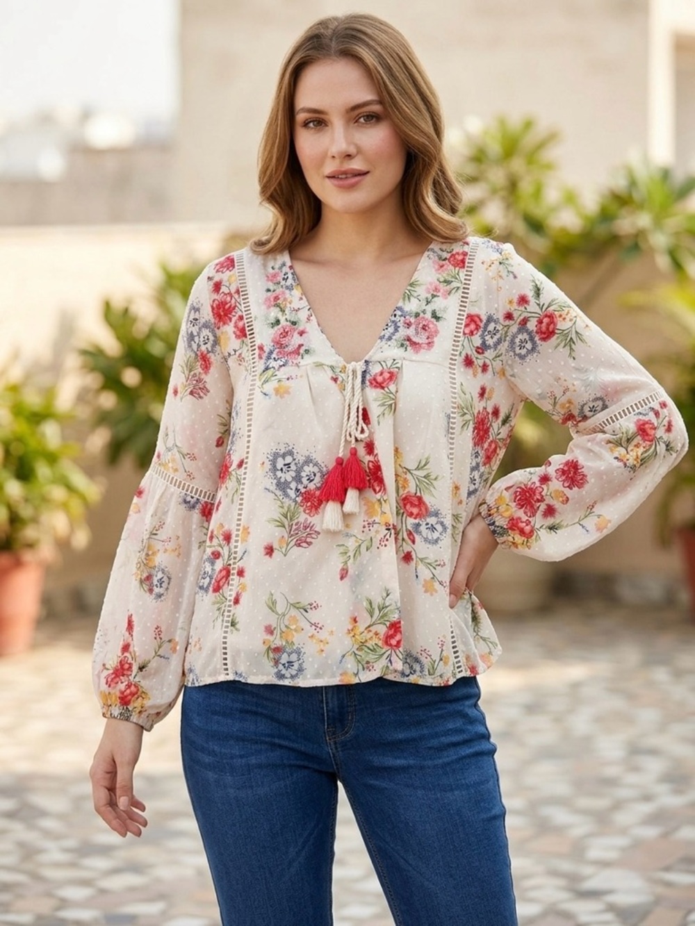 Time and Tru Ivory Floral Tie-Front Peasant Blouse with Red Tassels
